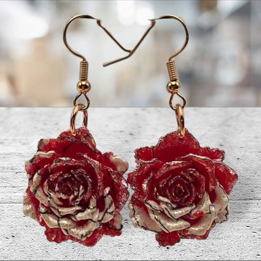 Handmade Elegant Red Rose Earrings